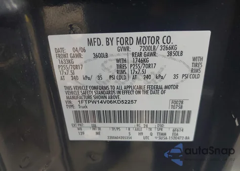 2006 Ford F-150 Fx4/Lariat/Xlt from USA, damaged, VIN 1FTPW14V06KD52257